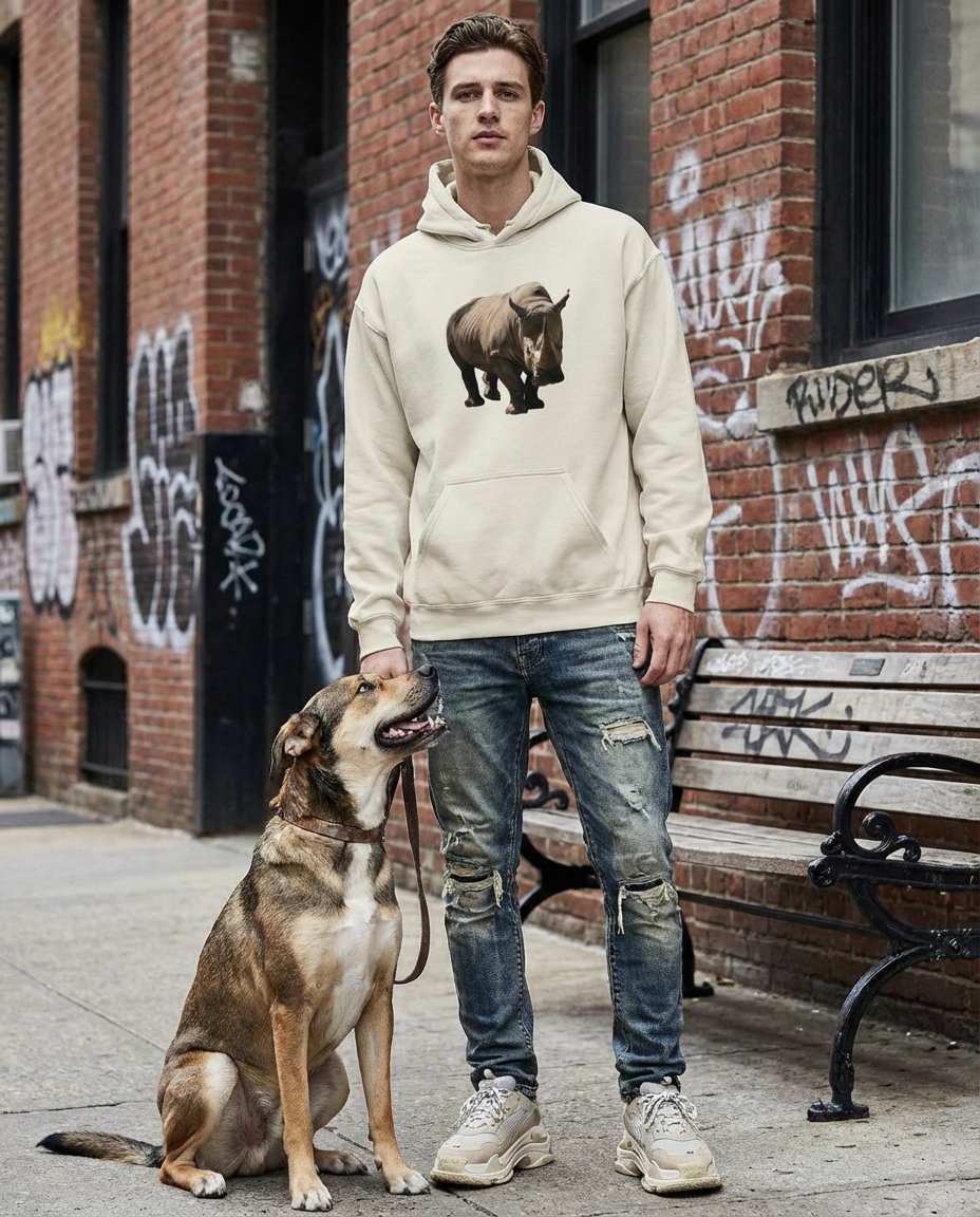 Stylish Rhino Hoodie, Moss Apparel, Cozy Animal Sweatshirt, Wildlife Apparel, Gift for Nature Lovers, Eco-Friendly Fashion Hoodie Fuel