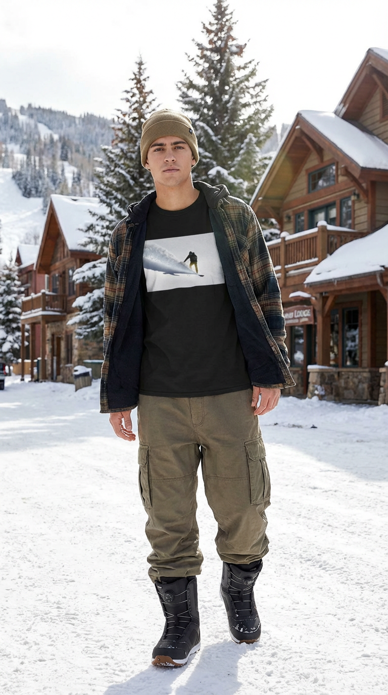Powder Surfer, French Alps Snowboarder in the Powder, Moss Apparel, Unisex T-Shirt Fuel