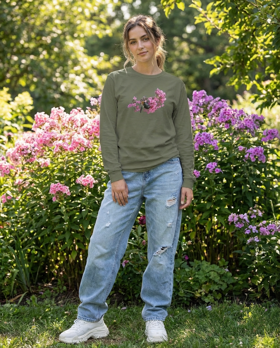 Bee and Butterfly Habitat Fund, Bee Pollinating Graphic, Moss Apparel, Long Sleeve T-Shirt Fuel