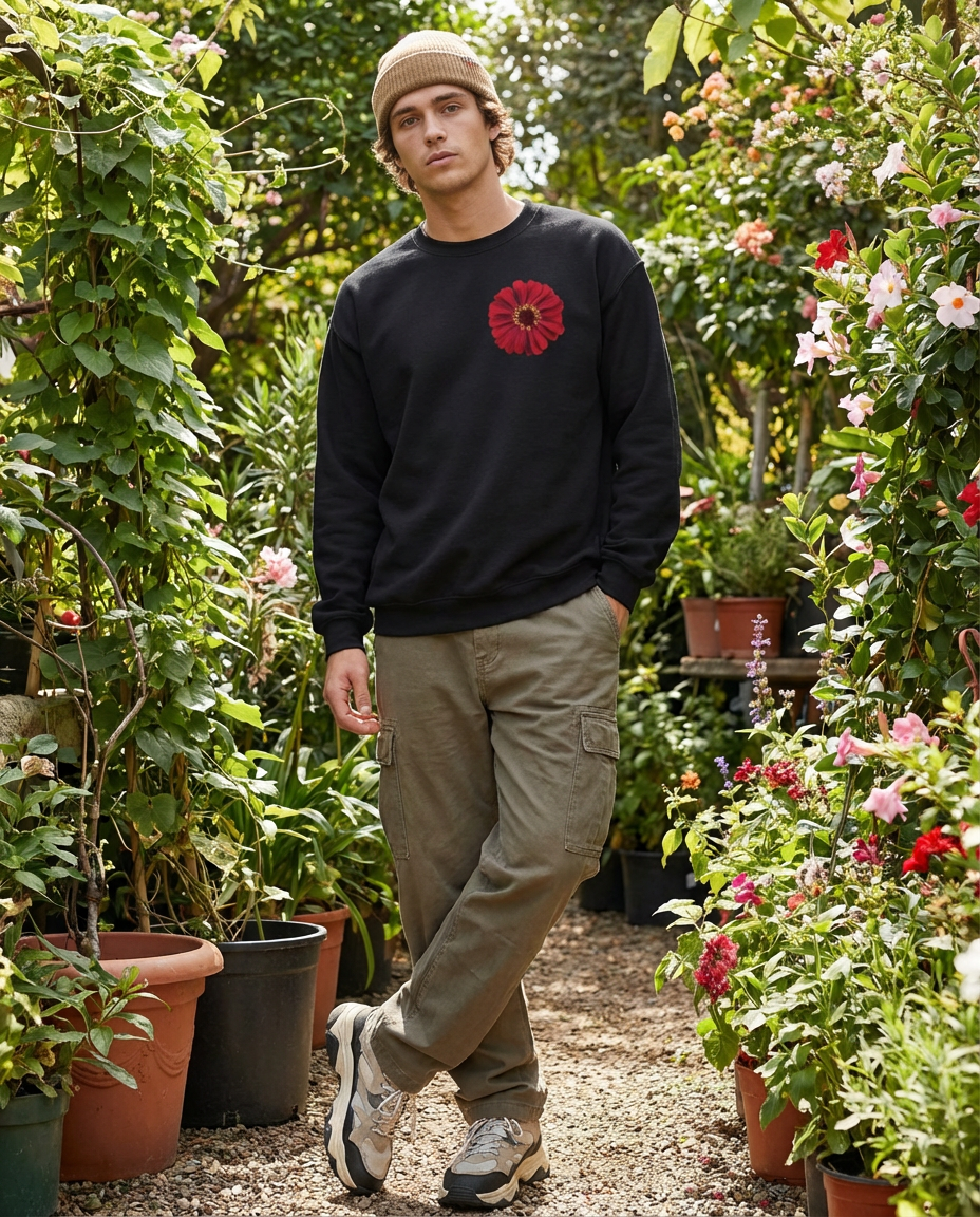 Zinnia Floral Vibrant, Floral Red Zinnia, Flower, Moss Apparel, Unisex Crewneck Sweatshirt Fuel