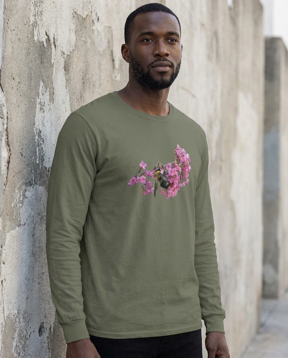 Bee and Butterfly Habitat Fund, Bee Pollinating Graphic, Moss Apparel, Long Sleeve T-Shirt Fuel
