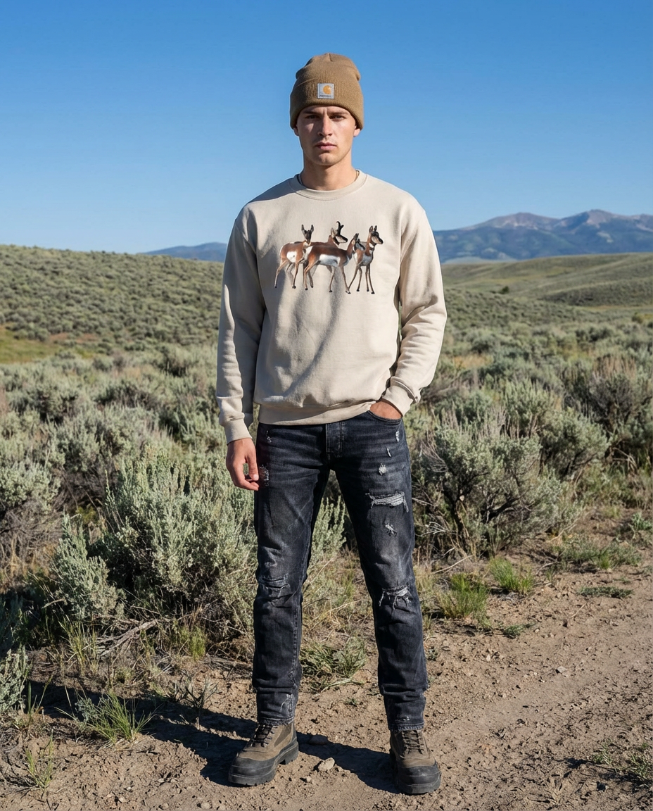 Pronghorn Huddle, The WYldlife Fund, Moss Apparel, Crewneck Sweatshirt Fuel