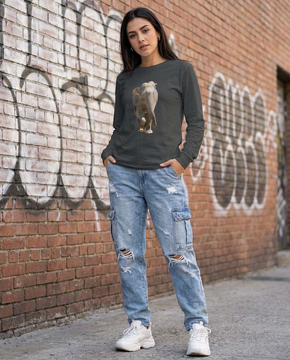 Charging Indian Elephant, Moss Apparel, Long Sleeve T-Shirt Fuel