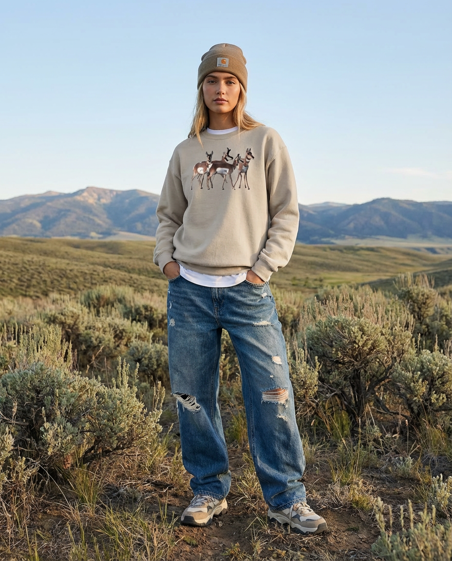 Pronghorn Huddle, The WYldlife Fund, Moss Apparel, Crewneck Sweatshirt Fuel