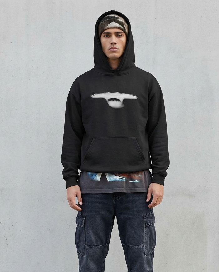 Person wearing a black hoodie with a logo and dark jeans against a gray wall.