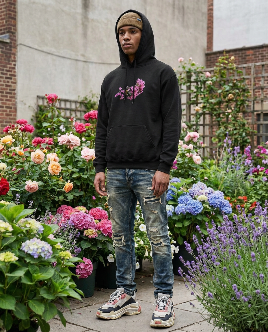 Bee and Butterfly Habitat Fund, Bee Pollinating Graphic, Moss Apparel, Hoodie Fuel