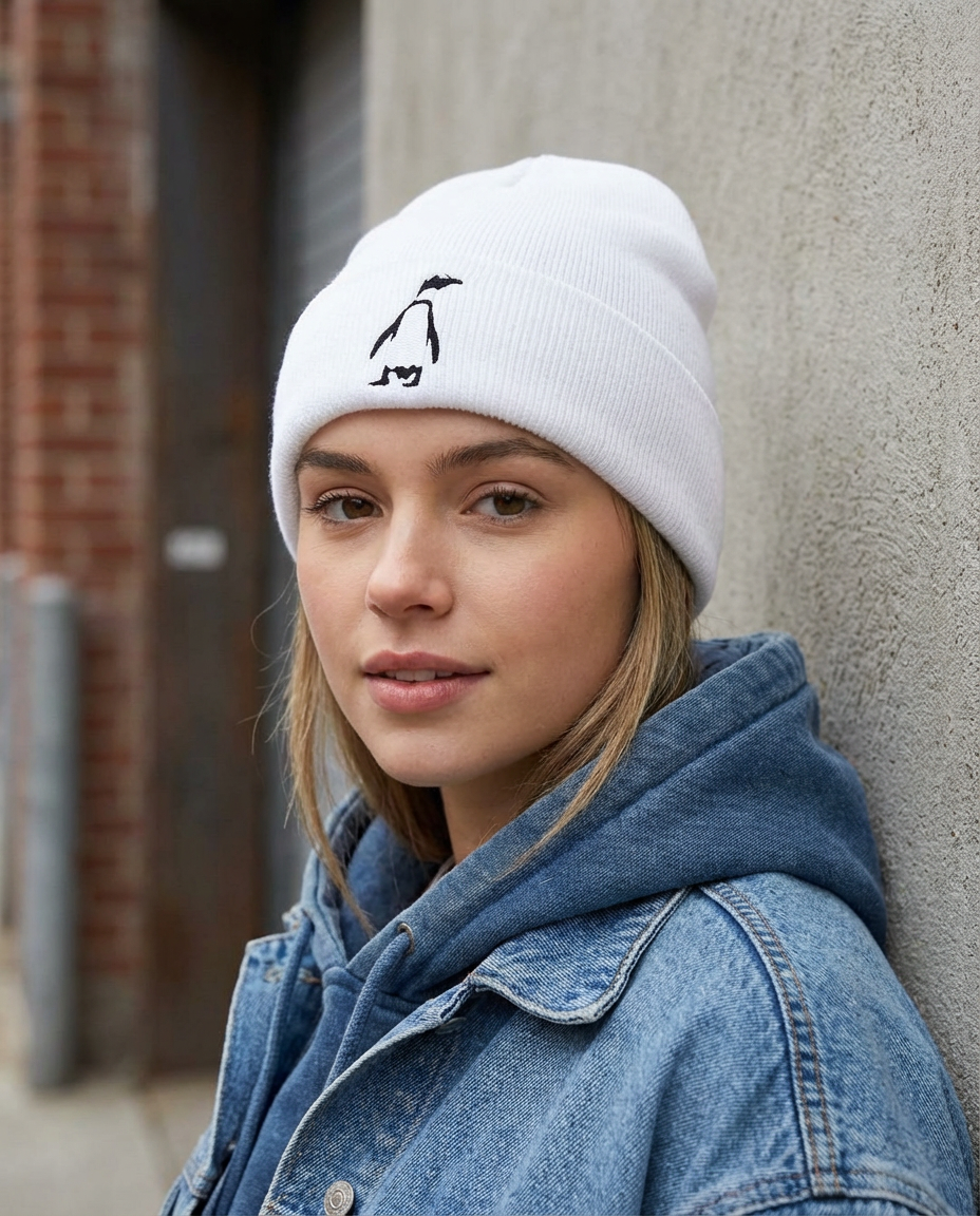 Dancing Penguin Embroidery, Moss Apparel, Beanie Fuel