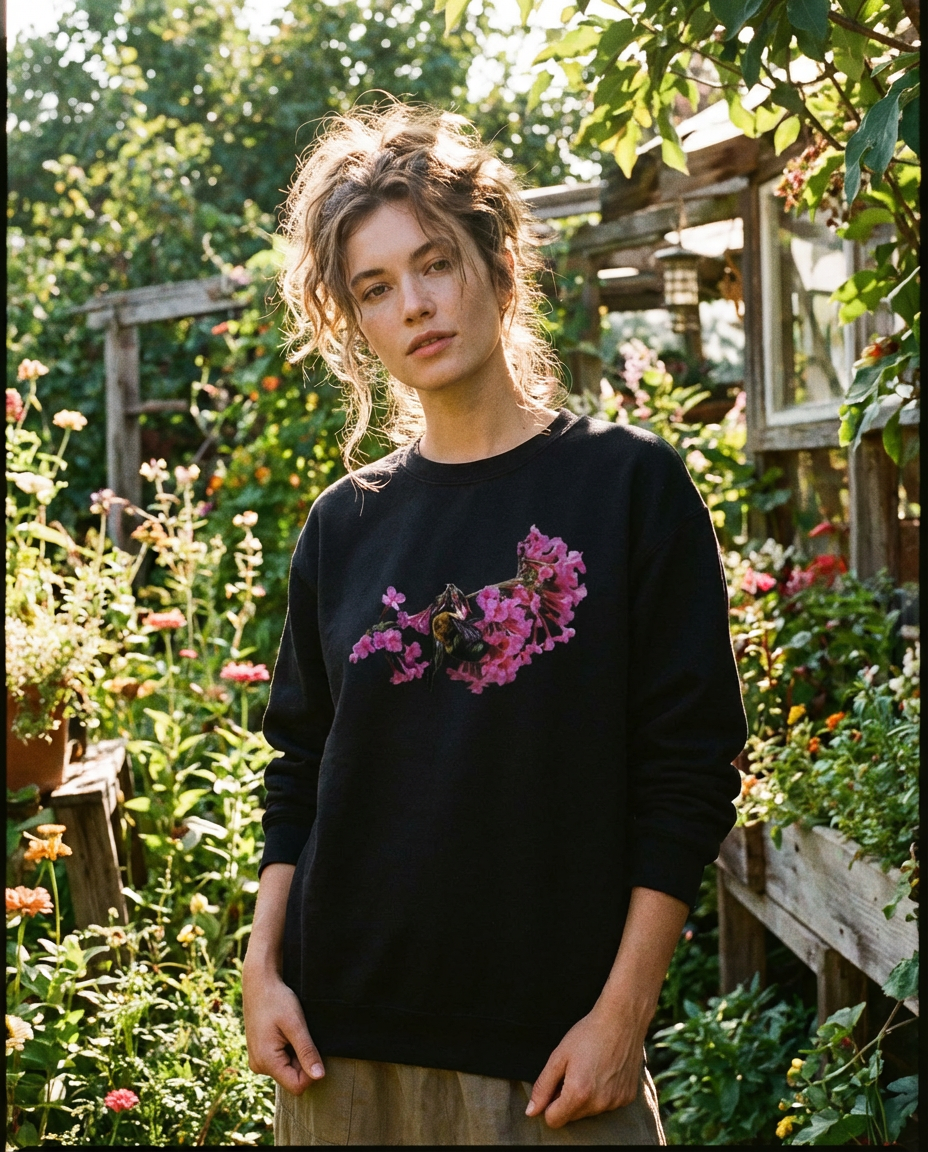 Bee and Butterfly Habitat Fund, Bee Pollinating Graphic, Moss Apparel, Crewneck Sweatshirt Fuel