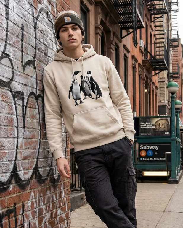 Penguin Huddle, Moss Apparel Hoodie Fuel