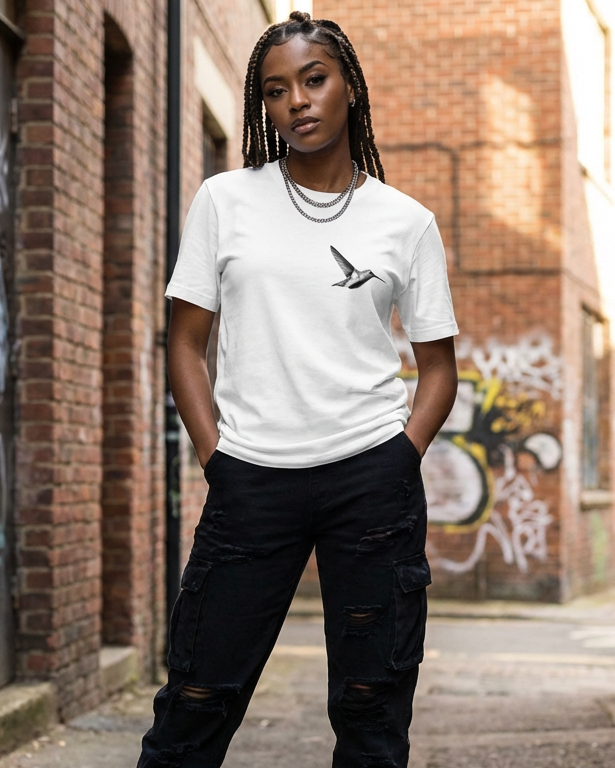 Humming Bird in Flight B&W Design Made In The USA T-Shirt Fuel
