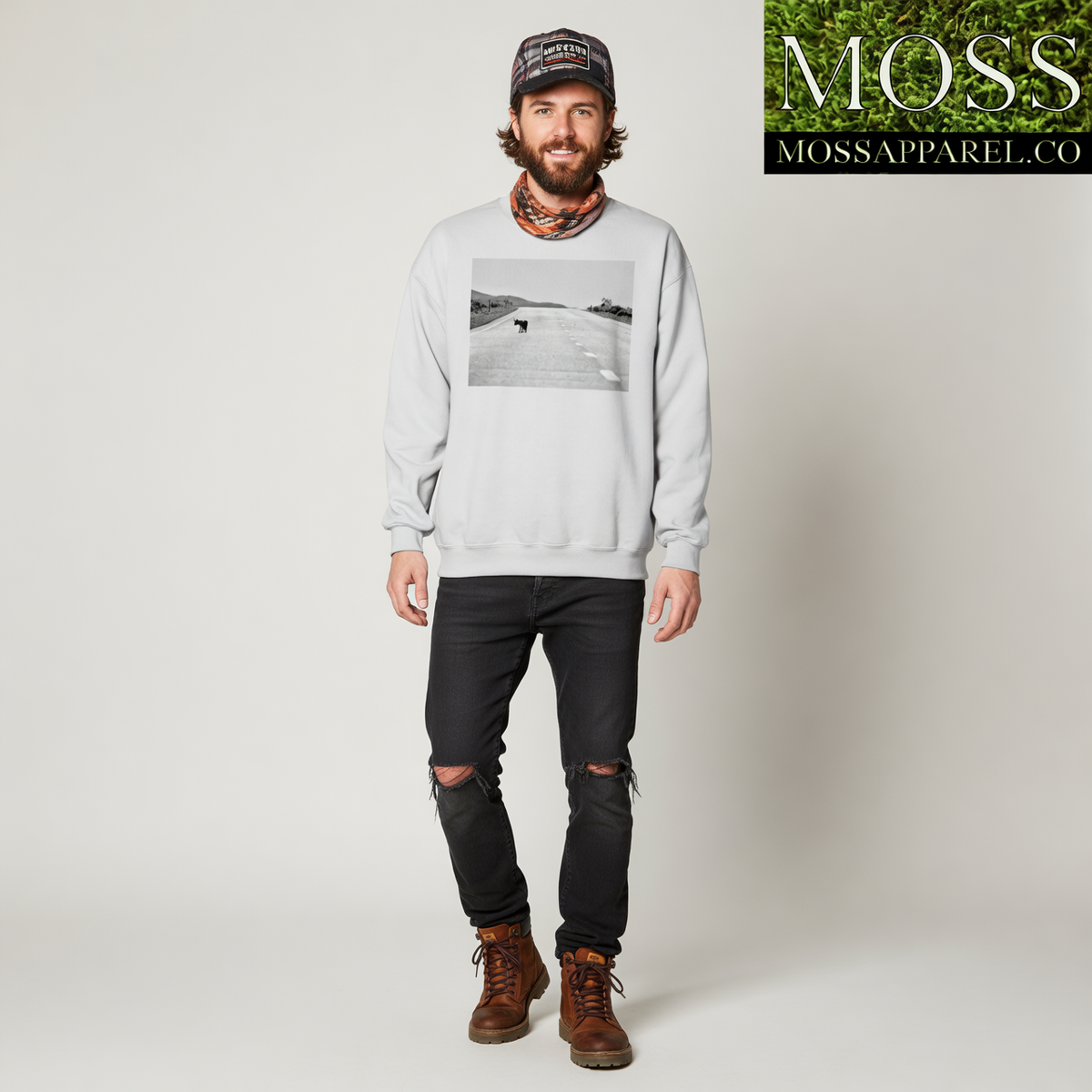 Lone Coyote, Wildlife Clothing, Moss Apparel, Crewneck Sweatshirt Fuel